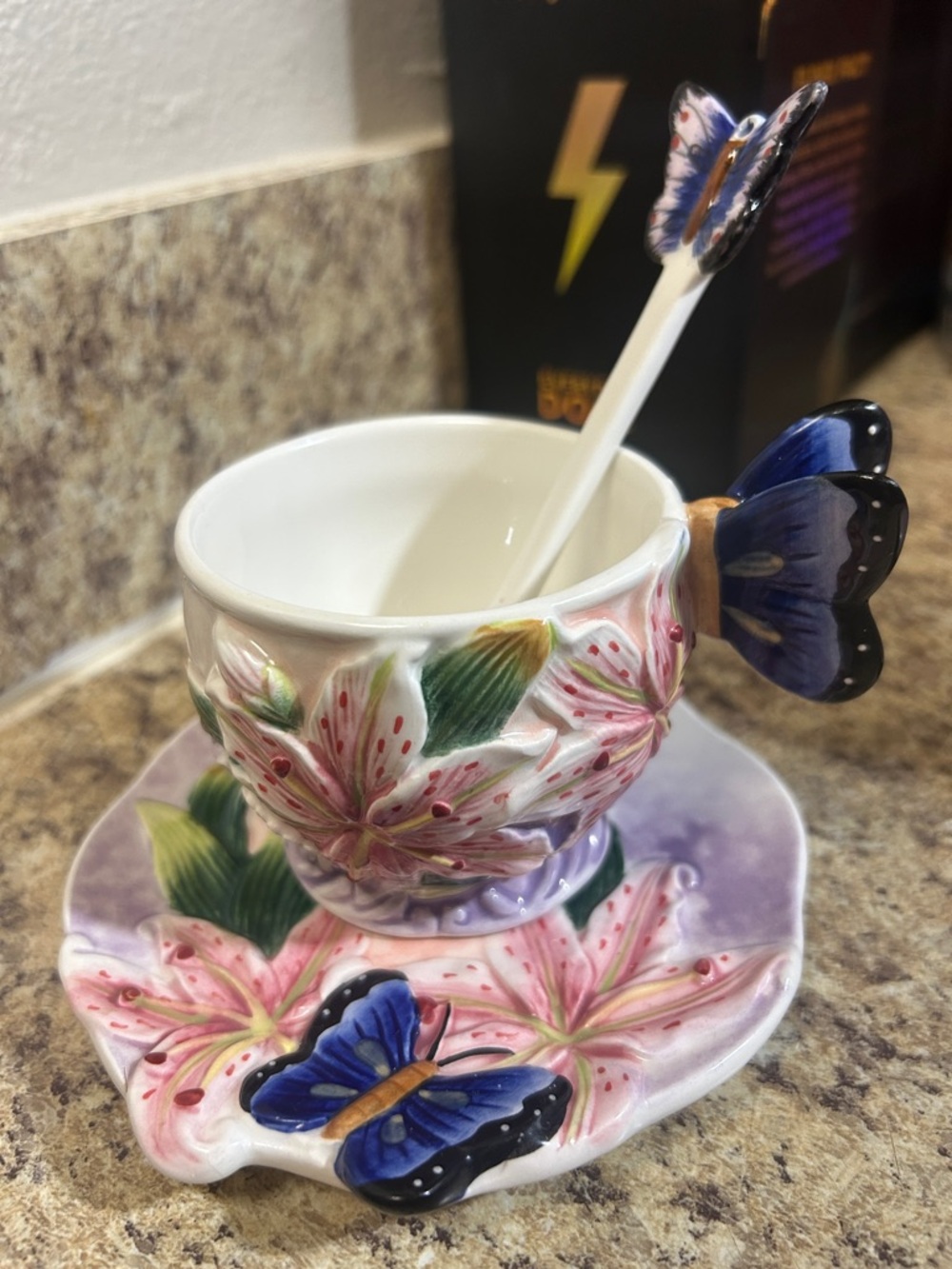 Corner Ruby Floral Butterfly Teacup & Saucer - White, Pink, Blue -